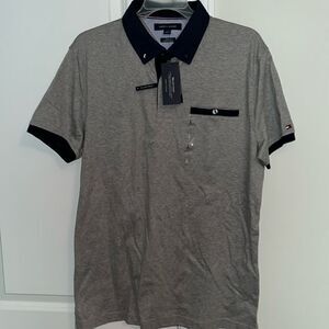 New Tommy Hilfiger Gray Blue Button collar TH Luxe Finish Polo golf shirt L slim